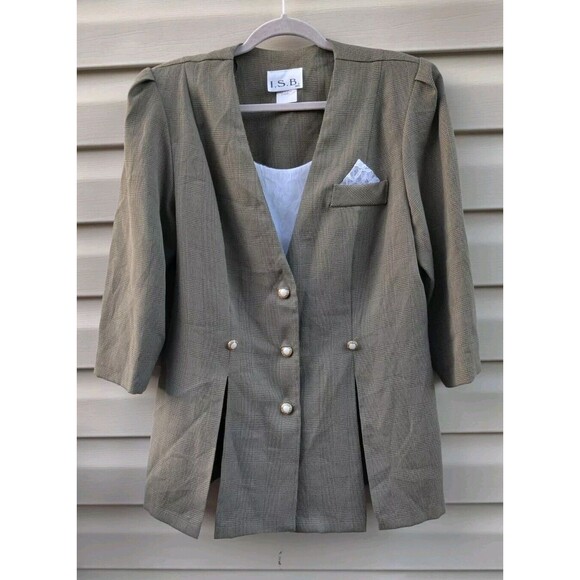 Vintage I.S.B. Inc Womens Skirt Suit Size 16 Blazer Gray Plaid Lace 2 Piece Set - Picture 4 of 16